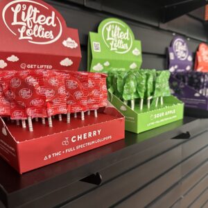 Colorful lollipops on a shelf