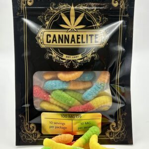 Colorful edible gummies, bag description is Cannaelite