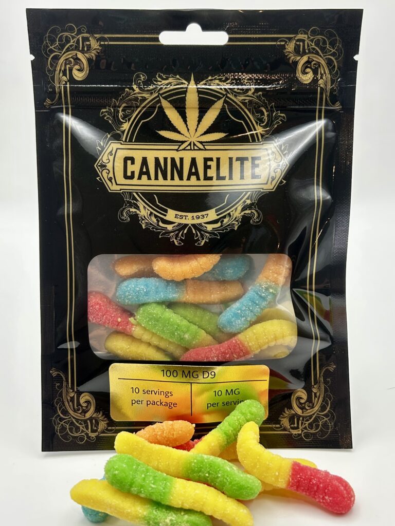 Colorful edible gummies, bag description is Cannaelite